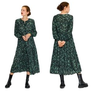 Zara Green and black micro floral print long sleeve midi dress size XS
